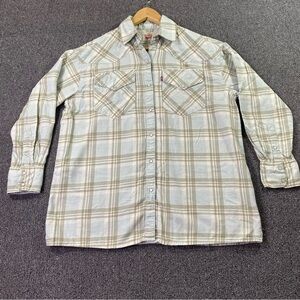 Levi's Pearl Snap Western Flannel Shirt Light Blue Plaid Rodeo Rustic Men's XS